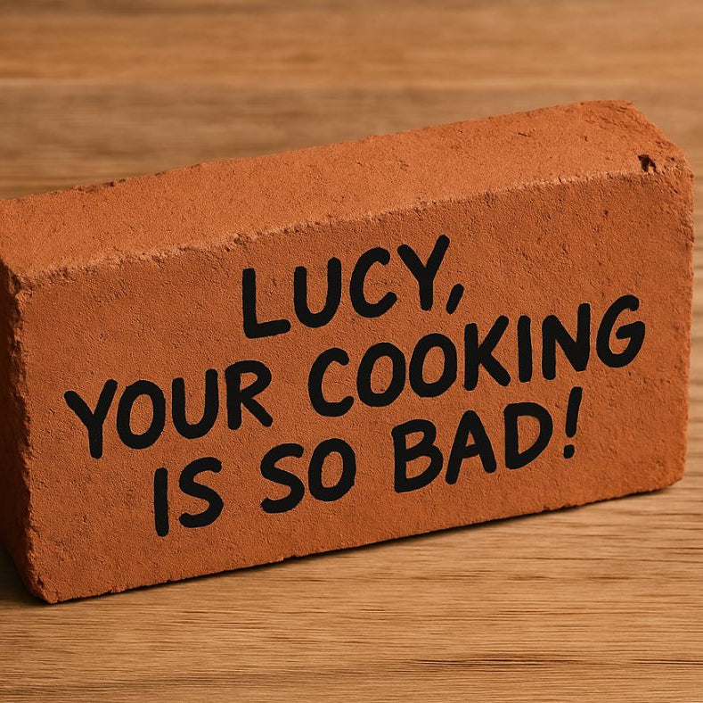 Brick with text 'LUCY, YOUR COOKING IS SO BAD!' on a wooden surface